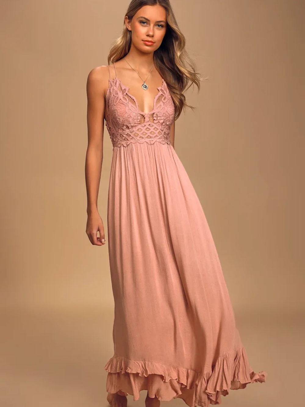 Free People Blush Pink Lace-Detail Spaghetti Strap Maxi Dress